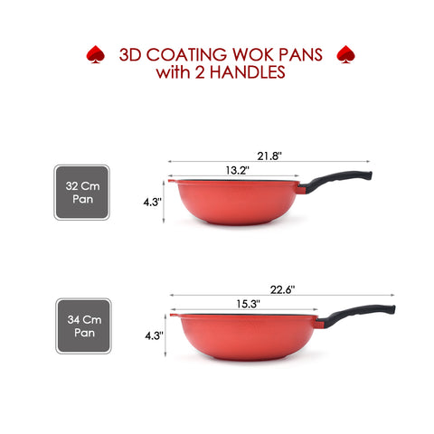 3D Coating Two Handles Red Jumbo Wok Pans