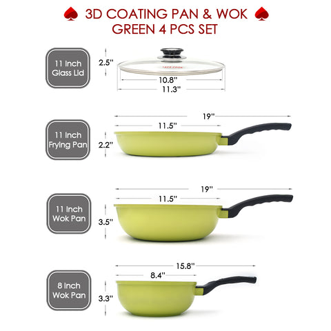 3D Coating Green Frying Pan, Woks & Lid 4 PCS Set