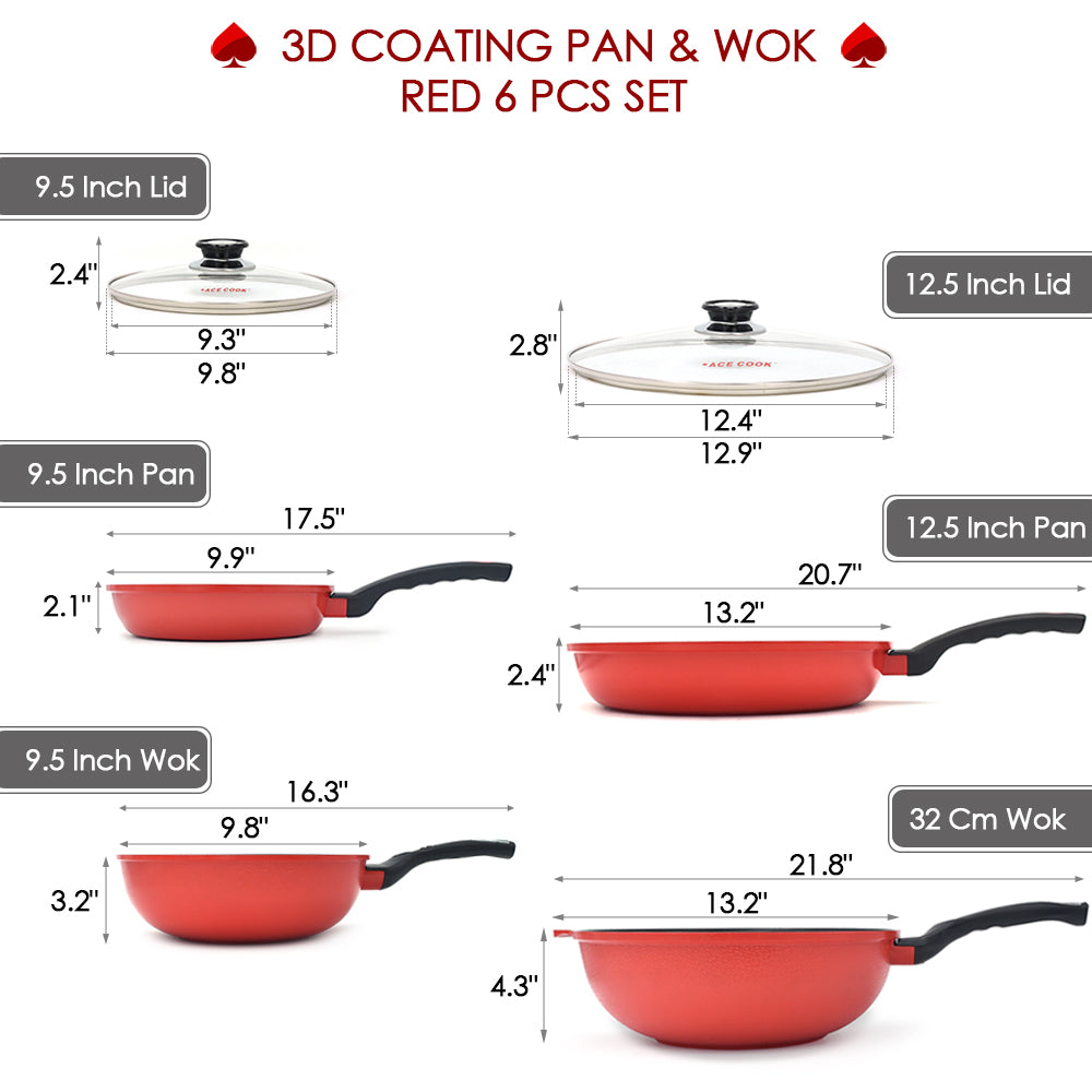 3D Coating Red Frying Pans, Woks, and Lids 6 PCS Set