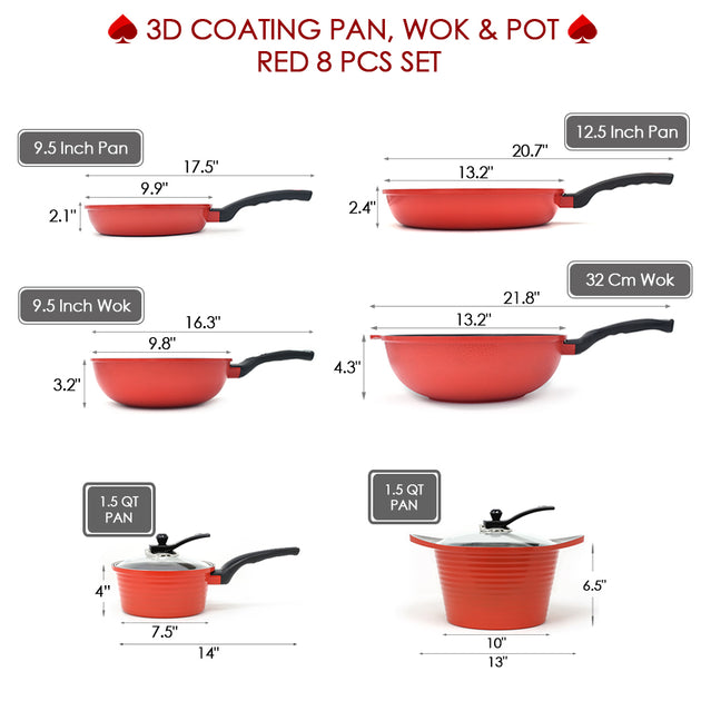 3D Coating Red Frying Pans, Woks, Pots & Lids 8 PCS Set Bi Ace Cook