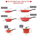 3D Coating Red Frying Pans, Woks, Pots & Lids 8 PCS Set
