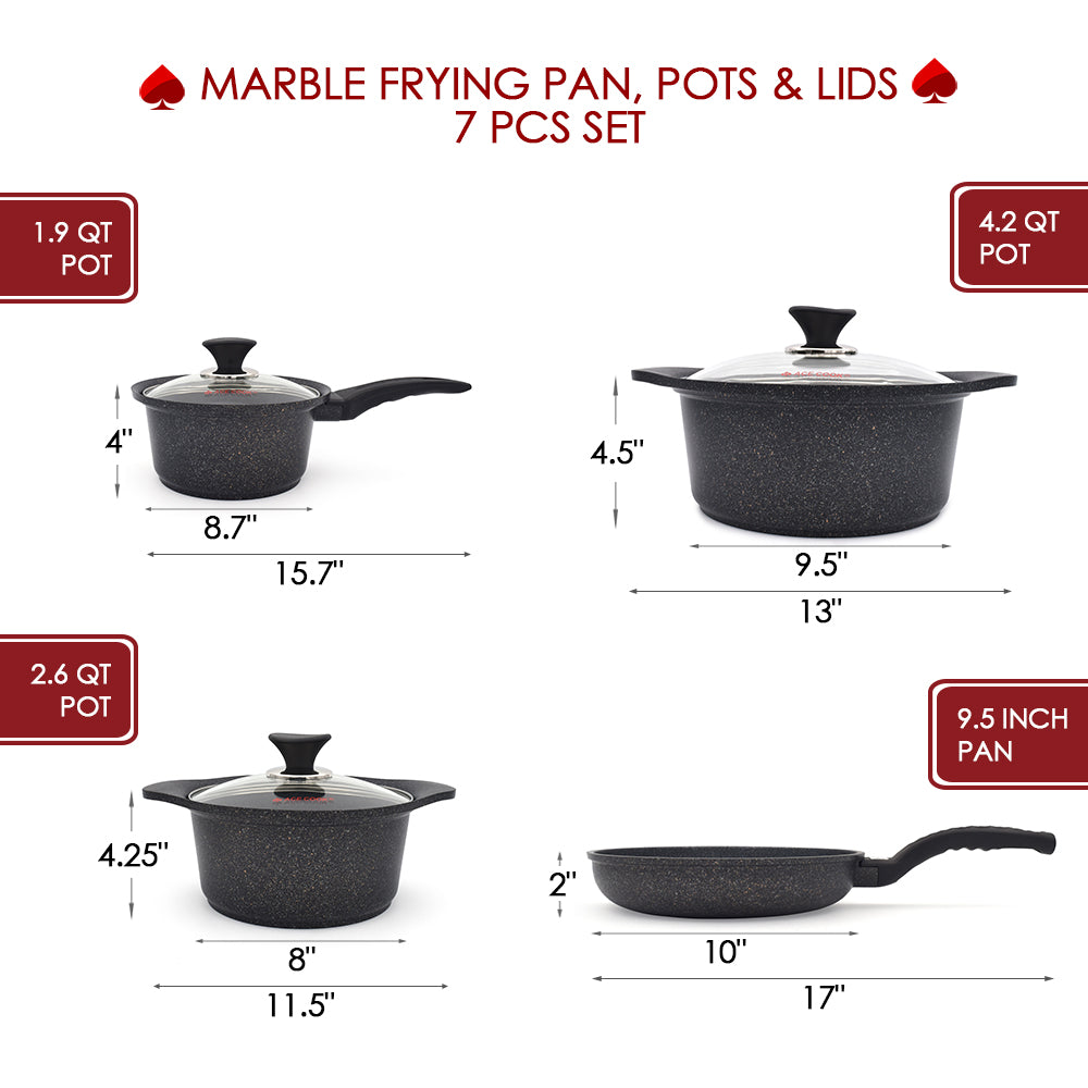 2022 NEW ACE COOK Healthy Marble Frying Pan, Pots & Lids 7 Pcs Set Size Table