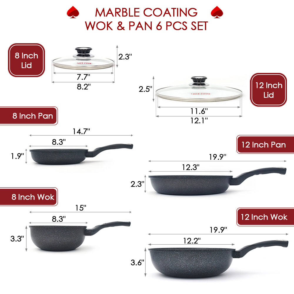 Ace Cook Marble Wok & Pan 6 Pcs Set. Size Sheet