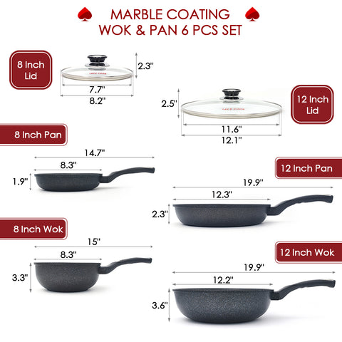 Marble Woks, Frying Pans, and Lids 6 Pcs Set
