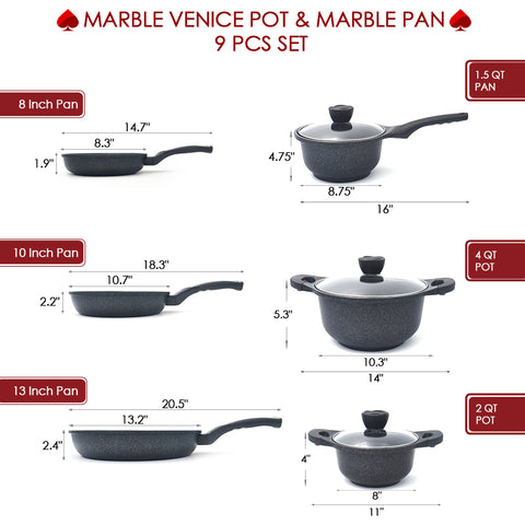 Marble Frying Pans, VENICE Pots & Lids 9 PCS Set