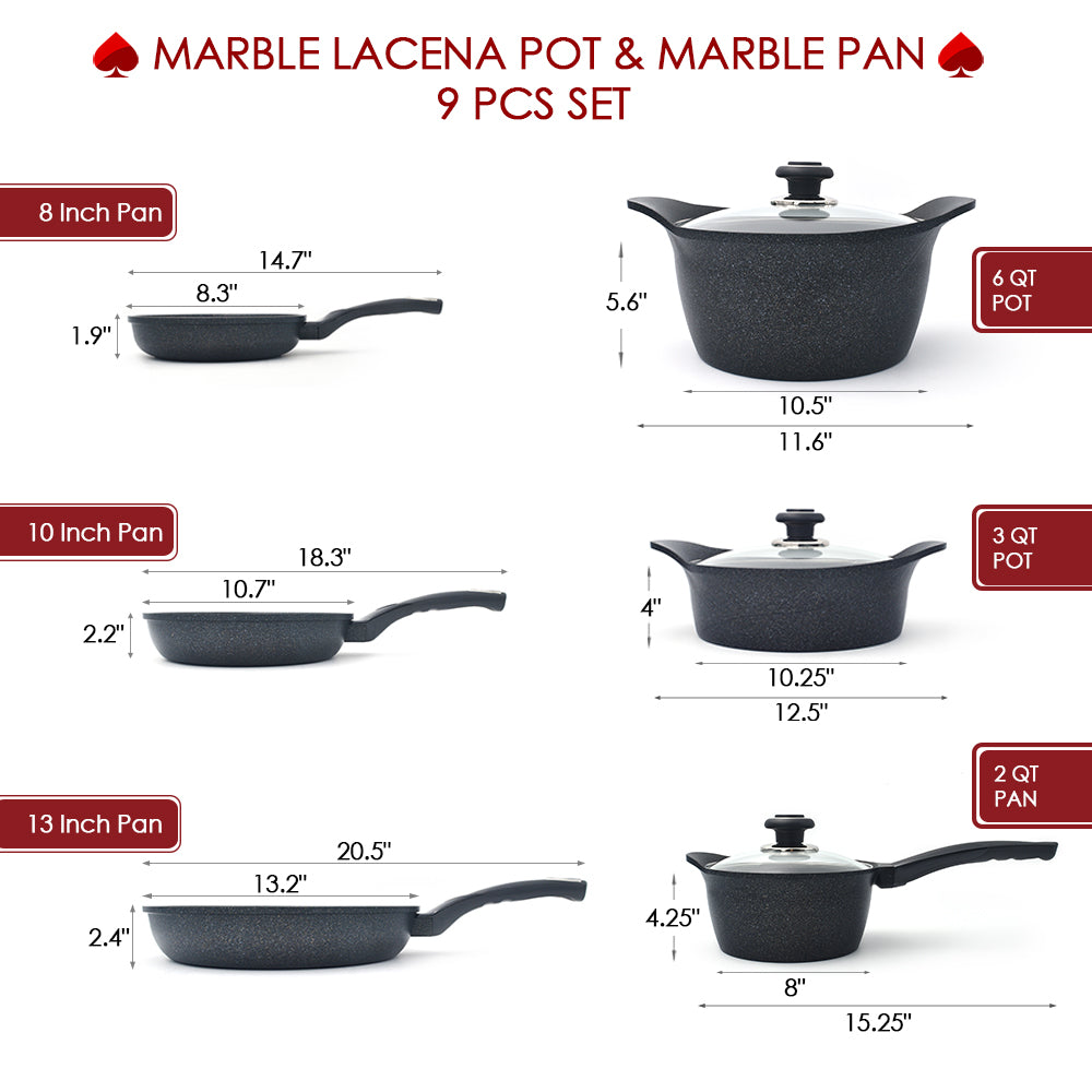 ACE COOK Marble Frying Pans, LACENA Pots & Lids 9 PCS Set SIZE GUIDE