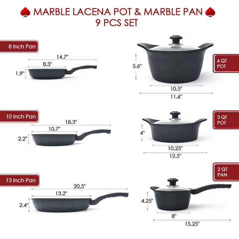 Marble Frying Pans with LaCena Pots & Lids 9 Pcs Set