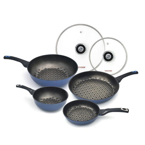 3D Coating Blue Frying Pans, Woks, and Lids 6 PCS Set