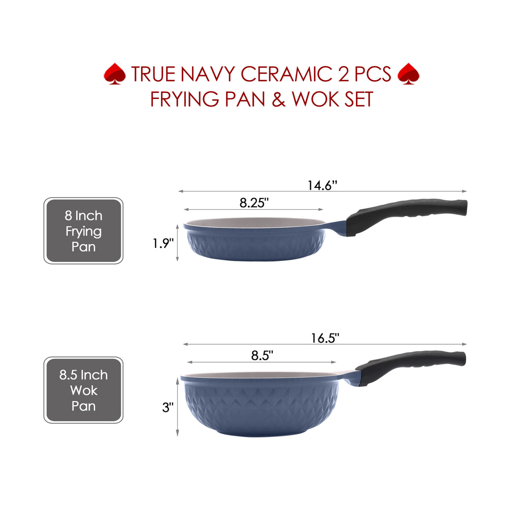 True Navy Healthy Nonstick Ceramic 2 Pcs Frying Pan & Wok Set