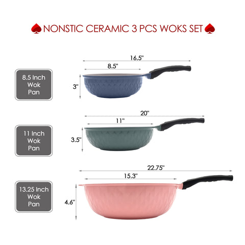 Healthy Nonstick Ceramic 3 Pcs Woks Set